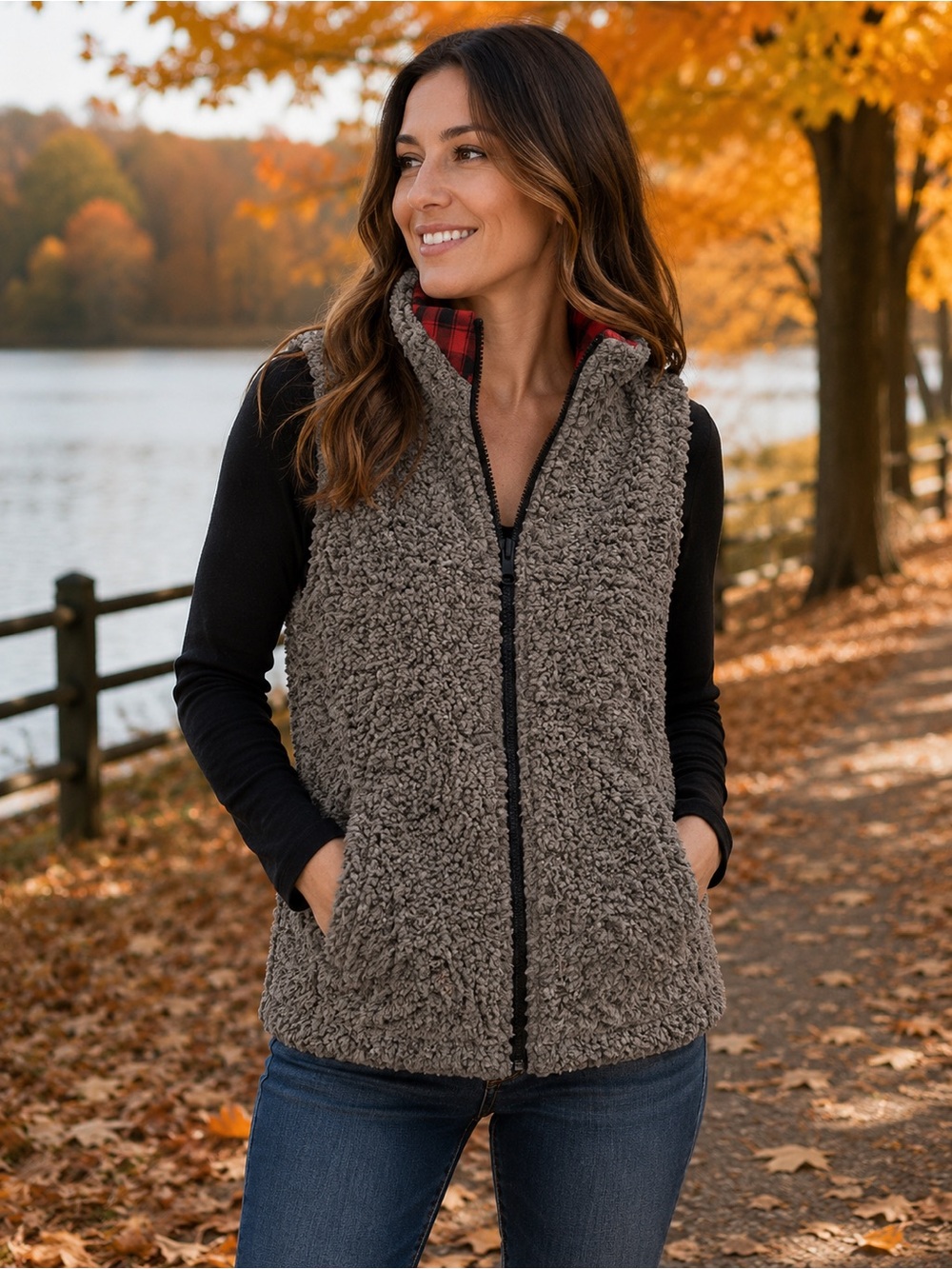 Reversible Red & Black Flannel Plaid Sherpa Vest